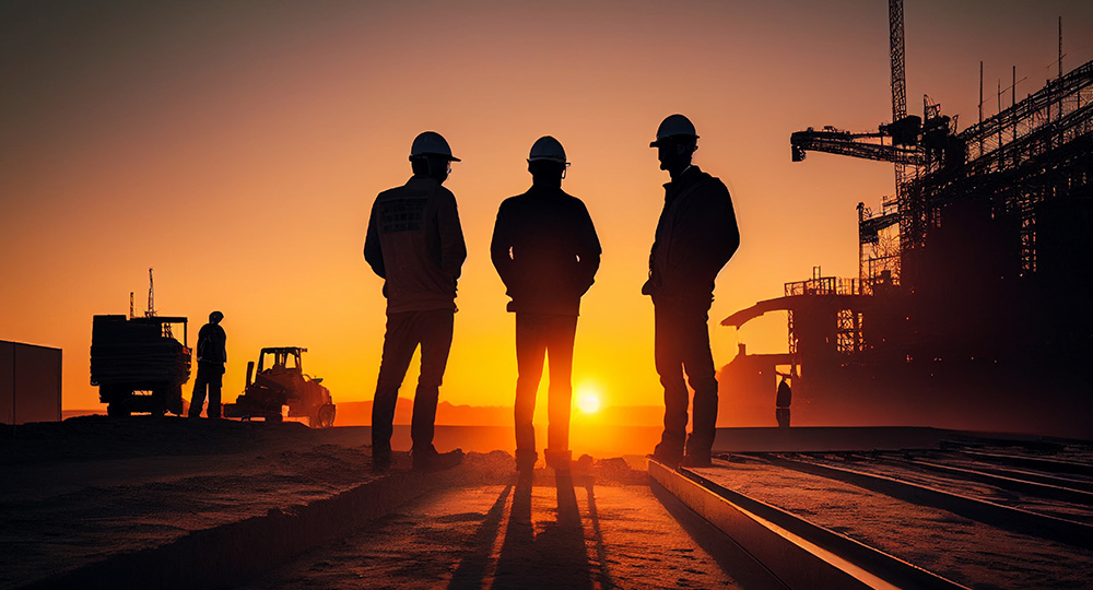 A group of engineers in hard hats stand at a construction site near a tall building at sunset reflecting on the impact of capital project selection.
