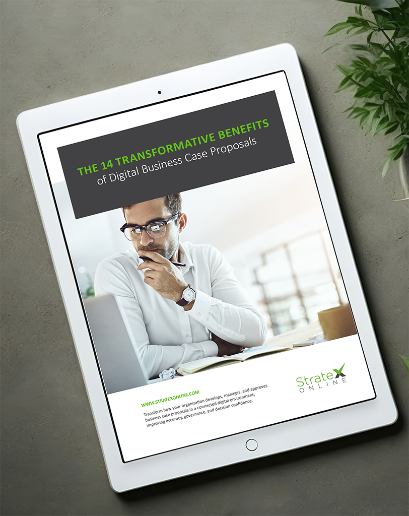 ebook cover with man looking at laptop with title The 14 Transformative Benefits of online Business Case proposals