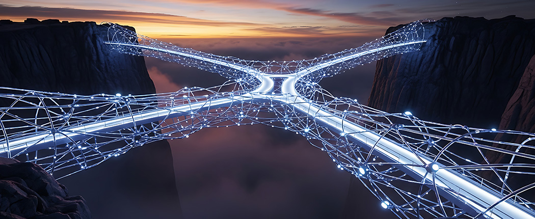 Futuristic bridge connecting two cliffs. CapEx Management Analytics bridging the gap.