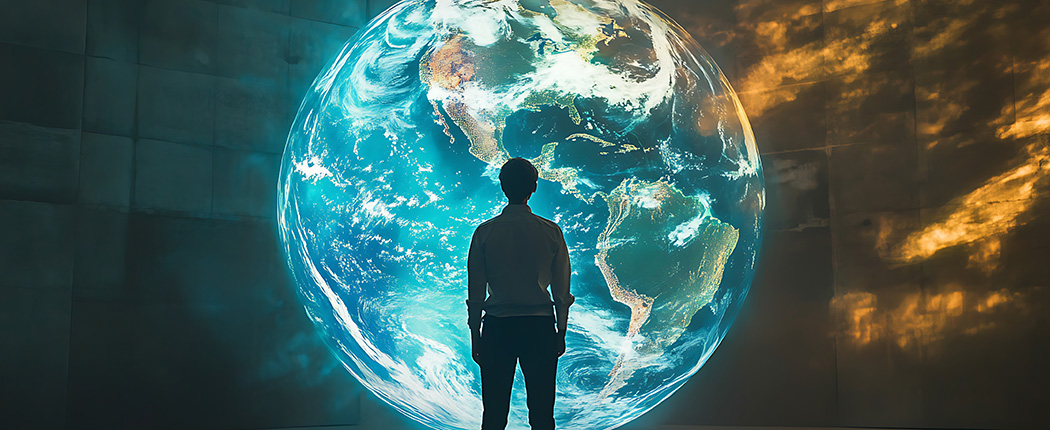 Person gazing at illuminated Earth globe - Global CapEx Forecasting.
